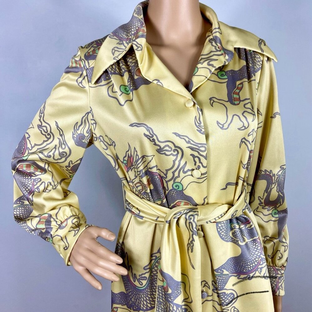 Vtg 70s David Brown Maxi Button Dress Dragon Print Sz M w/ Sash Silky Jersey
